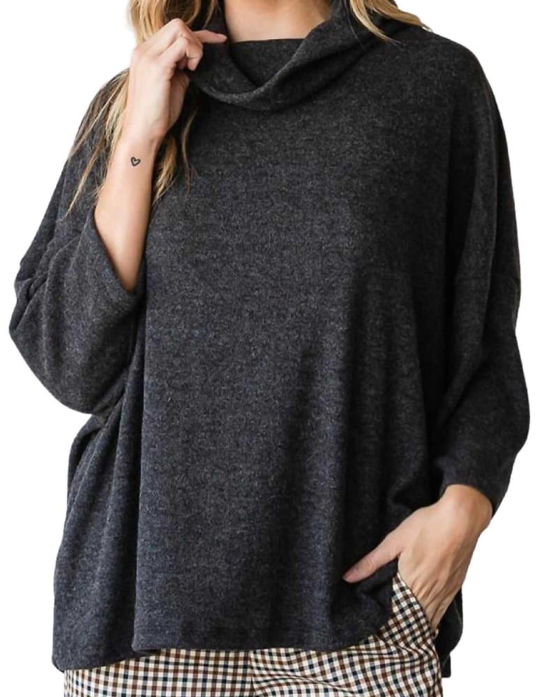 Front of a model wearing a size 3XL Relaxed So Soft Turtle Neck Top in Charcoal in Charcoal by CY Fashion. | dia_product_style_image_id:336650